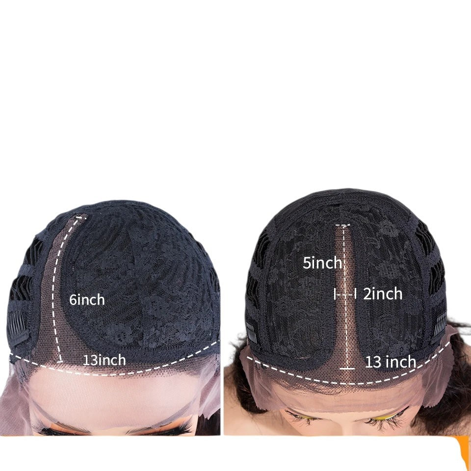 RitzWigs 13x6 lace front wig cap construction showing side part and middle part options with transparent Swiss lace