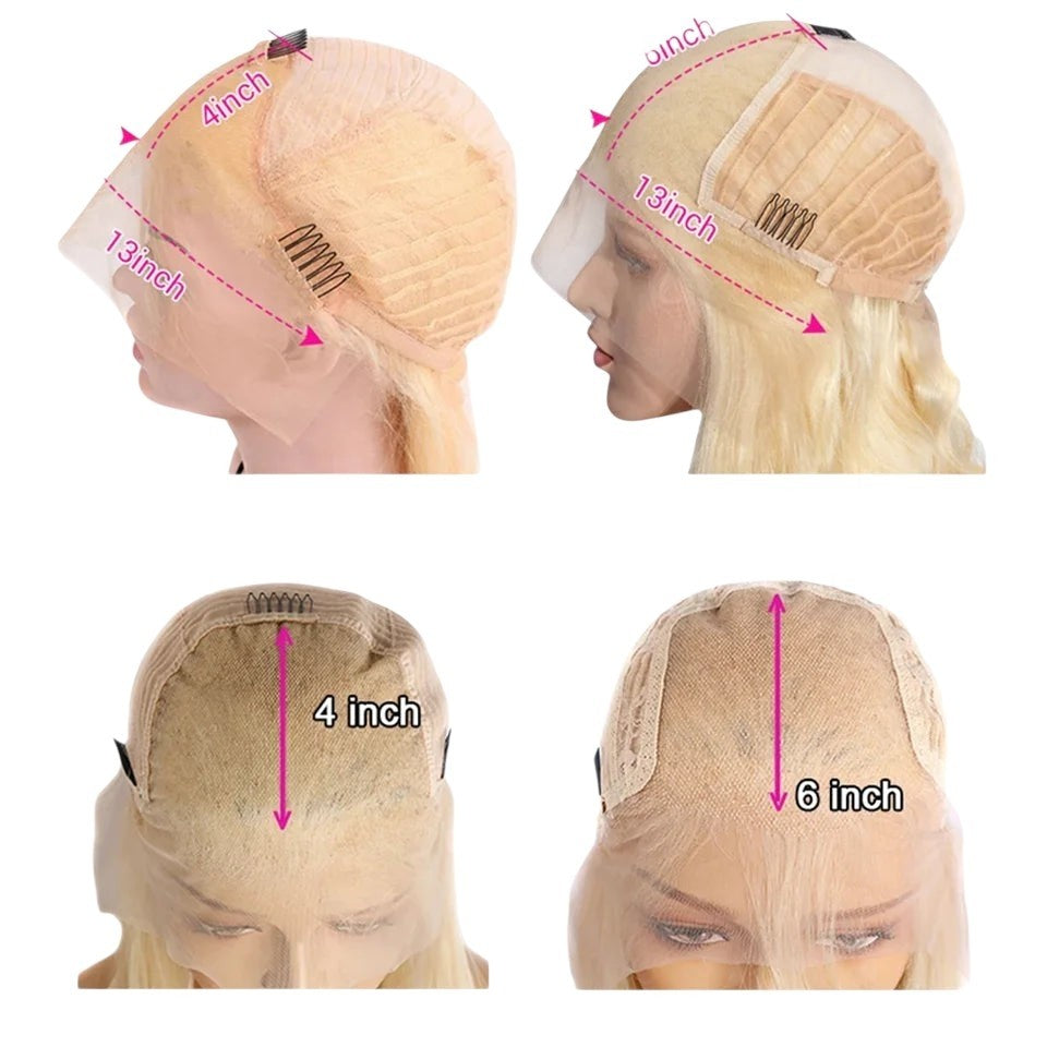 RitzWigs lace front wig cap construction comparison showing 13x4 and 13x6 transparent lace frontal dimensions
