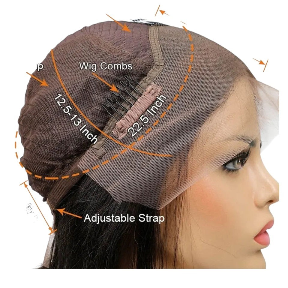 RitzWigs 13x4 lace front wig cap construction showing adjustable straps, wig combs, and Swiss lace measurements.
