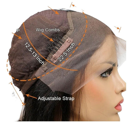 RitzWigs 13x4 lace front wig cap construction showing adjustable straps, wig combs, and Swiss lace measurements.