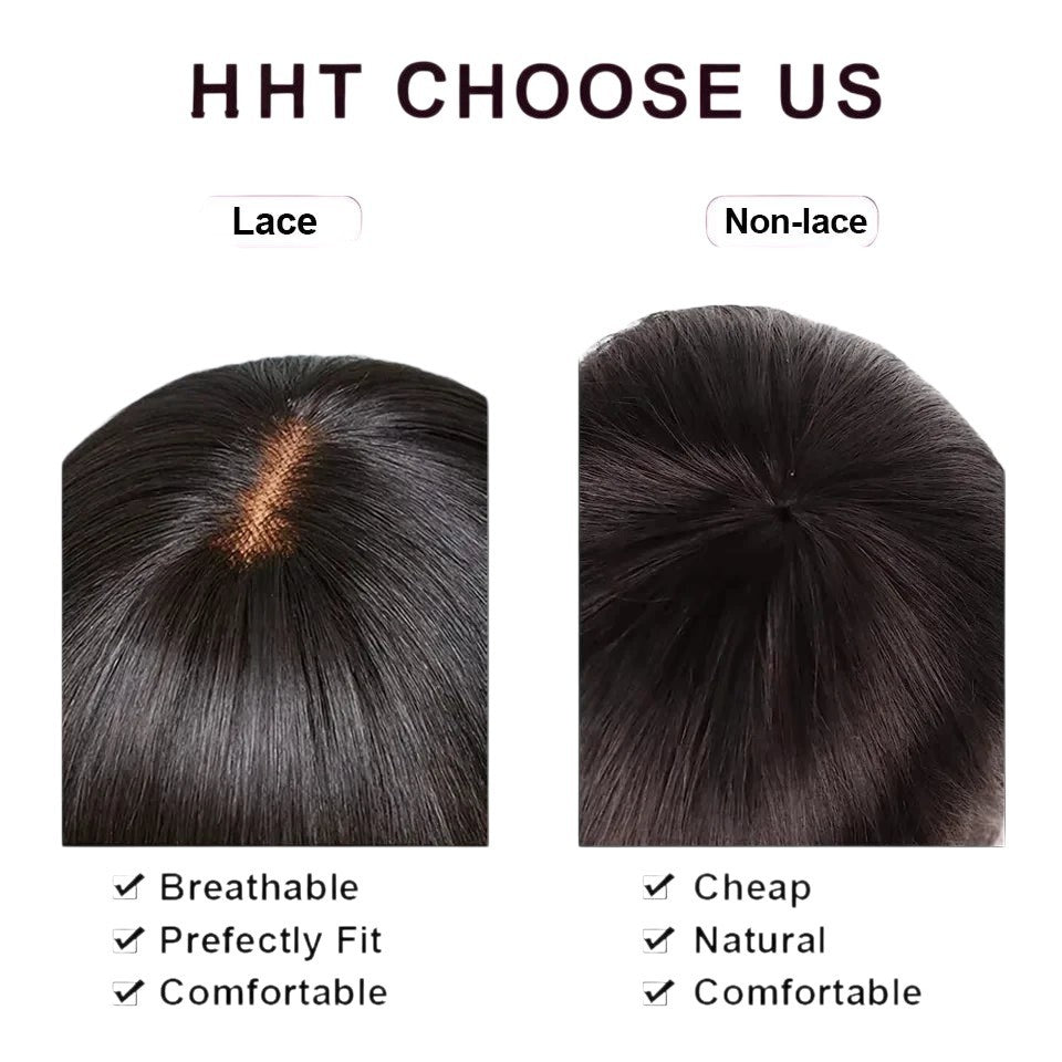 RitzWigs comparison of a lace part versus non-lace part on a straight human hair bob wig