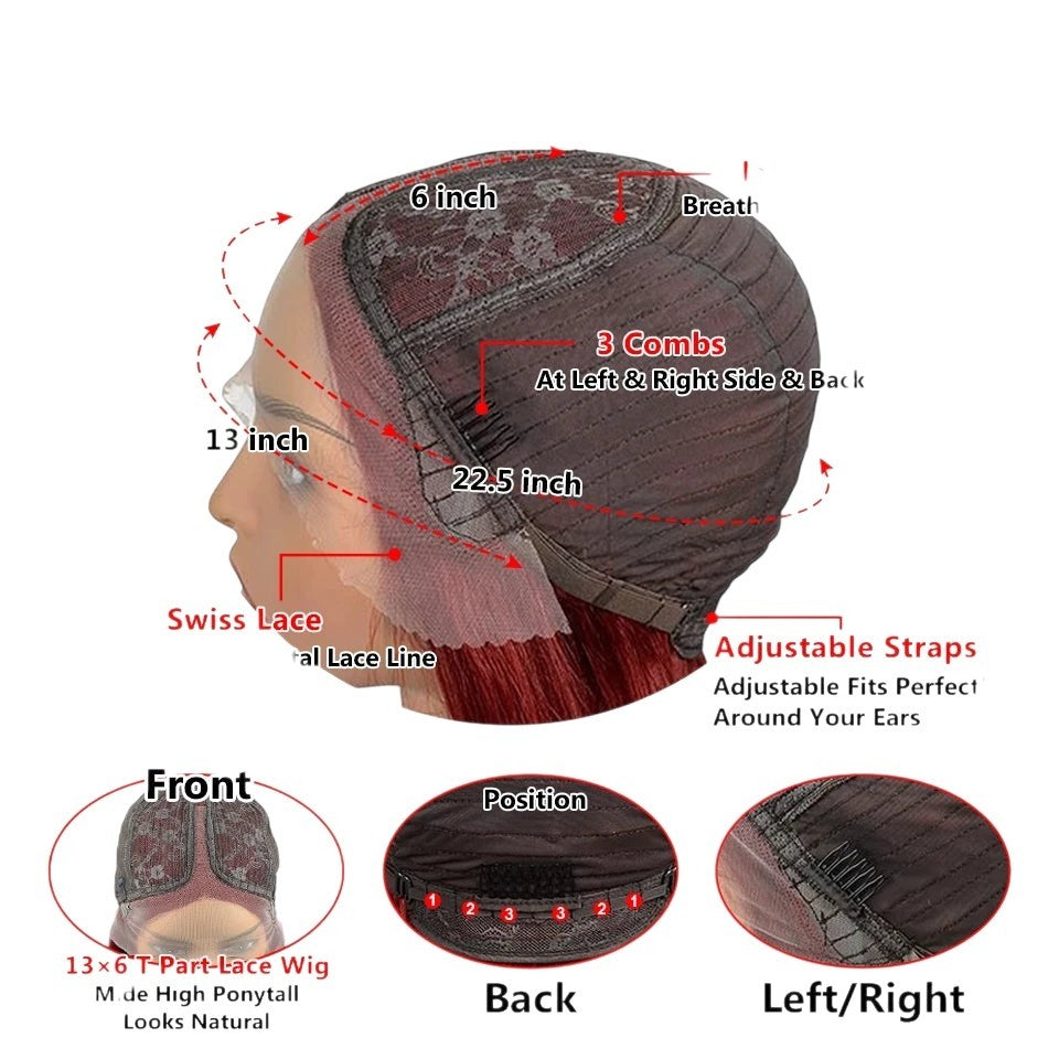 RitzWigs 13x6 T-part lace wig cap construction showing Swiss lace, adjustable straps, and internal combs.