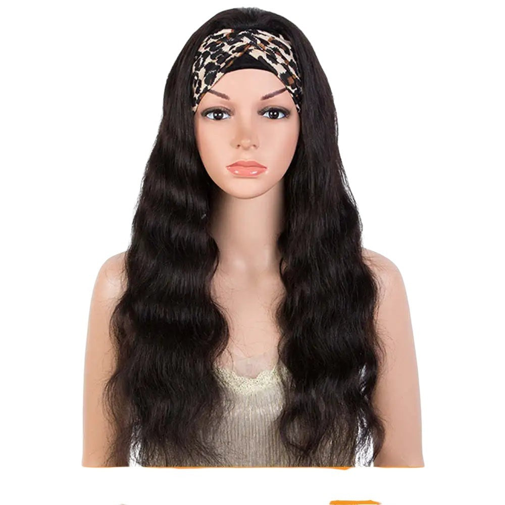 RitzWigs long black body wave human hair headband wig with a leopard print headwrap on a mannequin