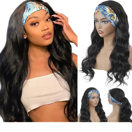 RitzWigs long black body wave human hair headband wig worn by a model with a colourful patterned headwrap