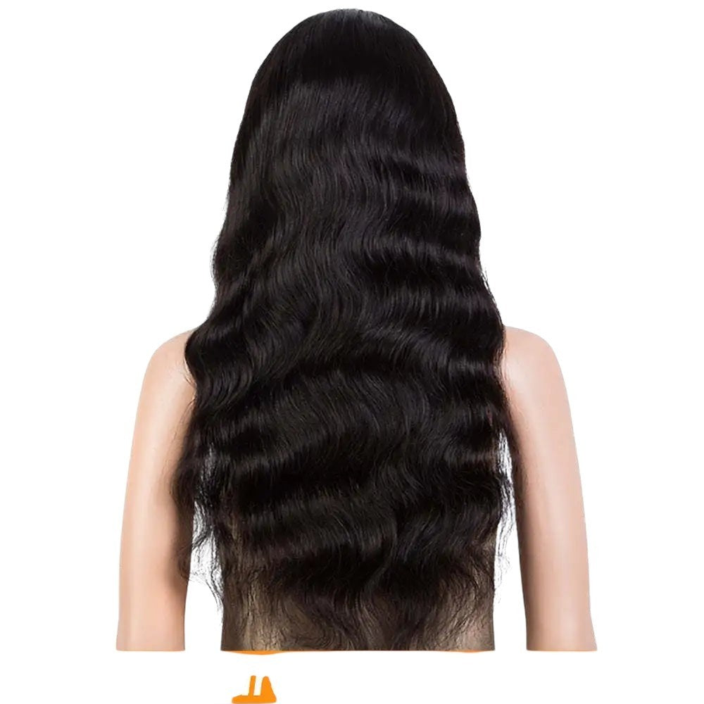 RitzWigs long black body wave human hair wig shown from the back on a mannequin