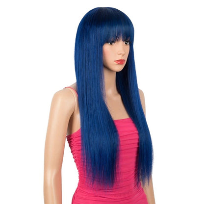 RitzWigs long straight blue human hair wig with bangs on a mannequin wearing a pink top