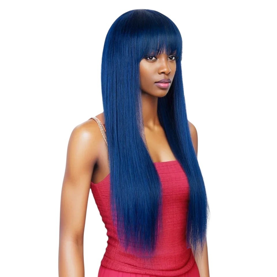 RitzWigs long straight blue human hair wig with bangs worn by a model in a studio setting
