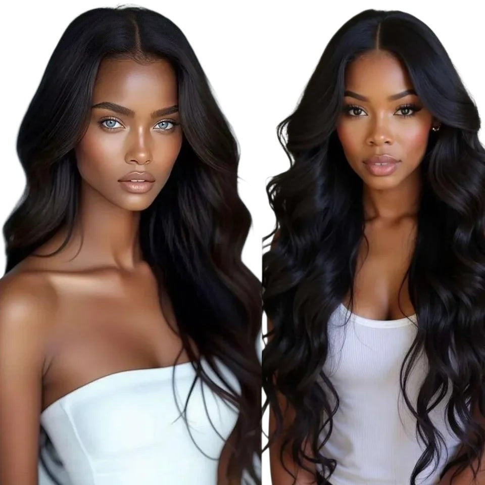RitzWigs long wavy black human hair lace front wig worn by two models with natural-looking pre-plucked hairlines