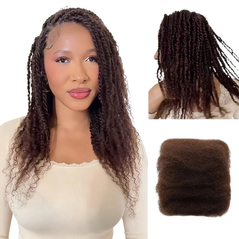 RitzWigs mixed brown afro kinky bulk human hair extensions styled as mini twists on a model