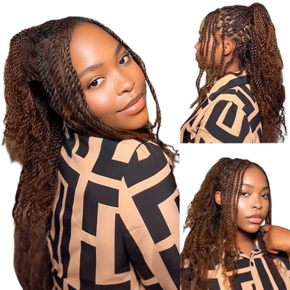 RitzWigs mixed brown afro kinky bulk human hair styled in a textured ponytail with twists for a natural look