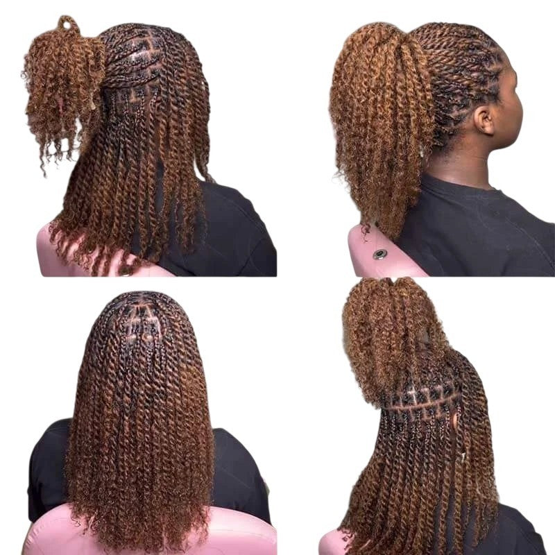 RitzWigs mixed brown afro kinky human hair extensions styled in a high ponytail with mini twists on a model