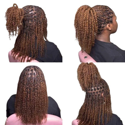 RitzWigs mixed brown afro kinky human hair extensions styled in a high ponytail with mini twists on a model