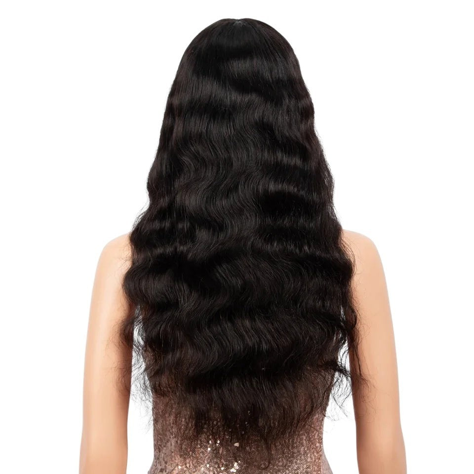 RitzWigs natural black body wave human hair wig with long wavy texture on a mannequin