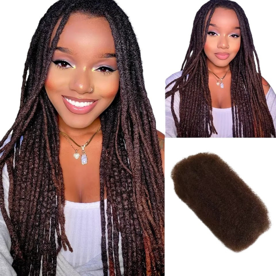 RitzWigs natural brown afro kinky bulk human hair extensions styled as long dreadlocks on a smiling woman