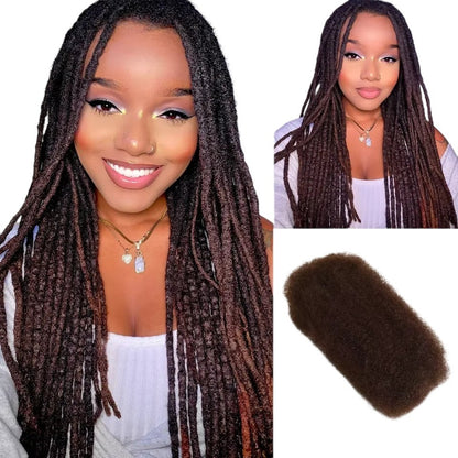 RitzWigs natural brown afro kinky bulk human hair extensions styled as long dreadlocks on a smiling woman