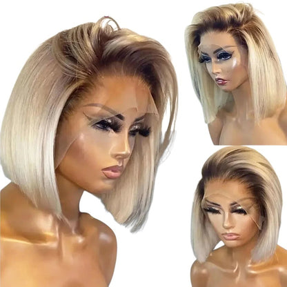RitzWigs ombre blonde short straight bob wig with dark roots and transparent lace front on a mannequin head