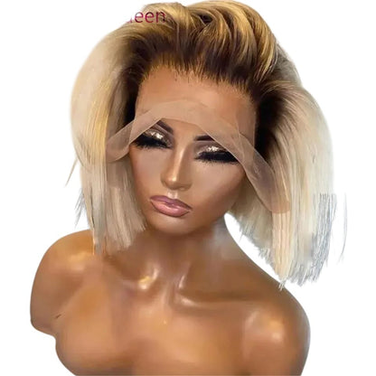 RitzWigs ombre blonde short straight bob wig with dark roots and transparent lace front on a mannequin