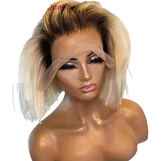 RitzWigs ombre blonde short straight bob wig with dark roots and transparent lace front on a mannequin head