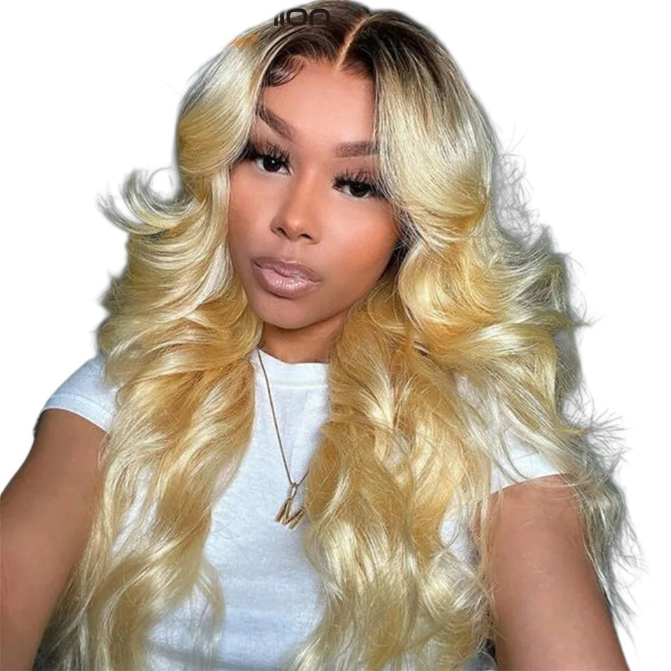 RitzWigs Rebecca fashion ombre blonde Brazilian body wave human hair extensions with dark roots on a model