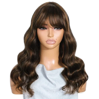 RitzWigs ombre blonde highlight body wave human hair wig with bangs on a mannequin head