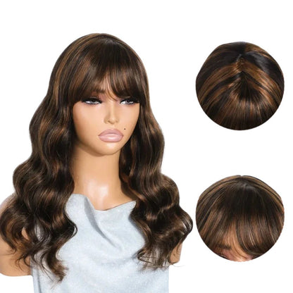 RitzWigs ombre blonde highlight body wave human hair wig with bangs on a mannequin head showing simulation scalp
