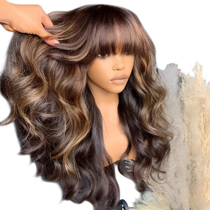 RitzWigs ombre blonde highlight body wave human hair wig with bangs on a mannequin head