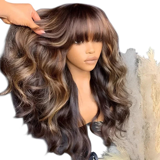 RitzWigs ombre blonde highlight body wave human hair wig with bangs on a mannequin head