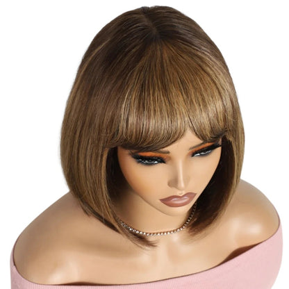 RitzWigs ombre blonde and brown straight bob human hair wig with bangs on a mannequin head