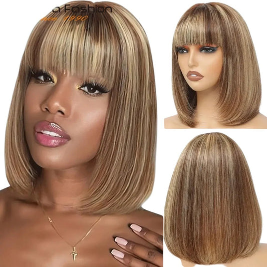 RitzWigs straight bob human hair wig with bangs in an ombre blonde and brown colour on a model