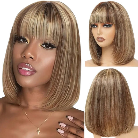 RitzWigs straight bob human hair wig with bangs in ombre blonde and brown tones on a mannequin head