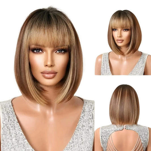 RitzWigs straight bob human hair wig with bangs in ombre blonde and brown, featuring a natural lace part.