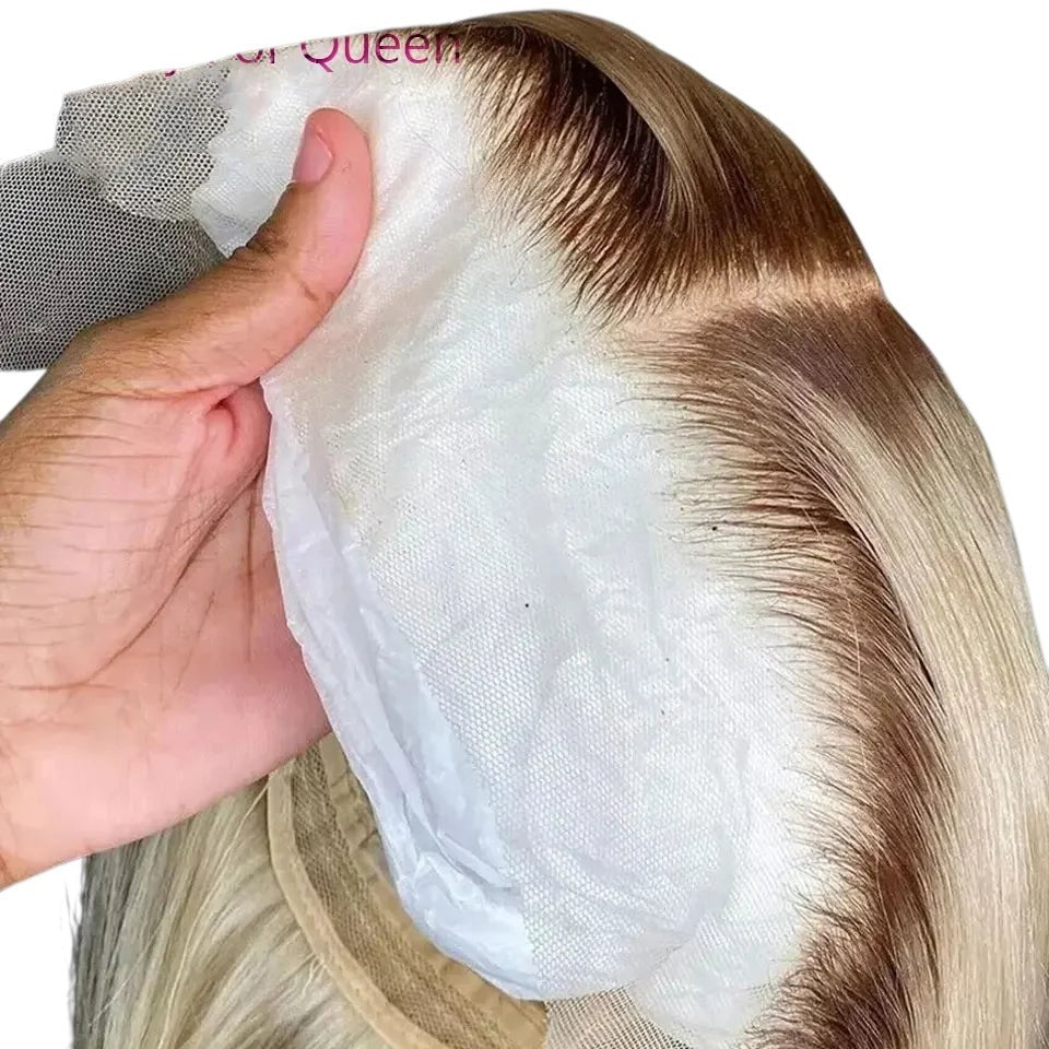 RitzWigs ombre blonde straight bob human hair wig with dark roots and transparent lace frontal cap construction