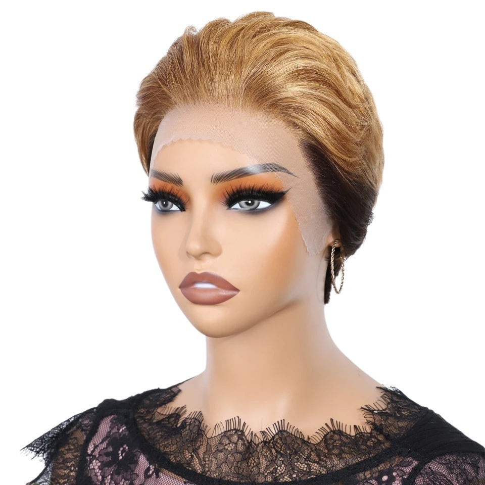 RitzWigs ombre blonde short pixie cut lace front human hair wig on a mannequin head