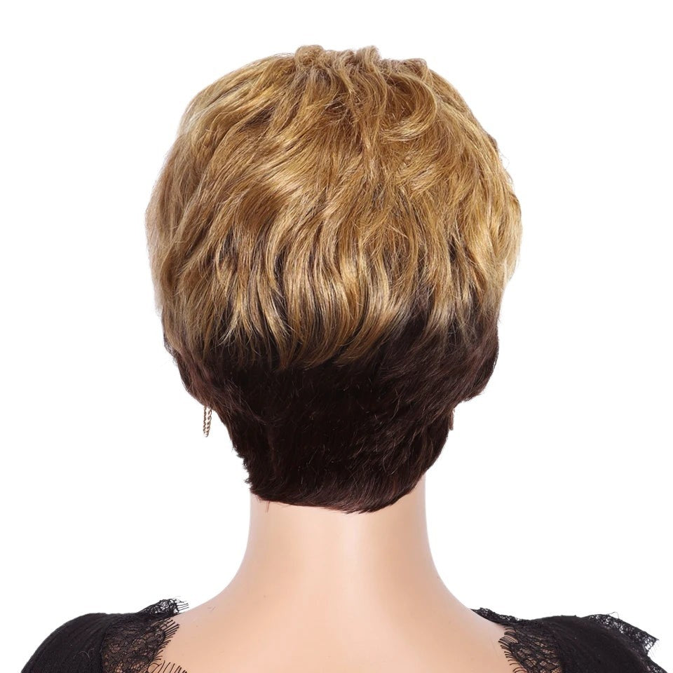 Back view of a RitzWigs short ombre blonde pixie cut human hair wig with dark brown roots on a mannequin head.