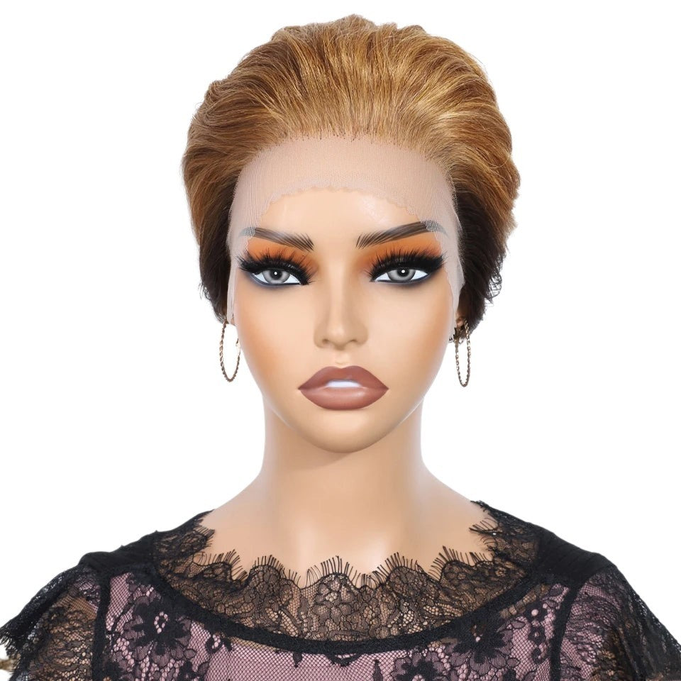RitzWigs ombre blonde short pixie cut lace front human hair wig on a mannequin with a slicked back style.