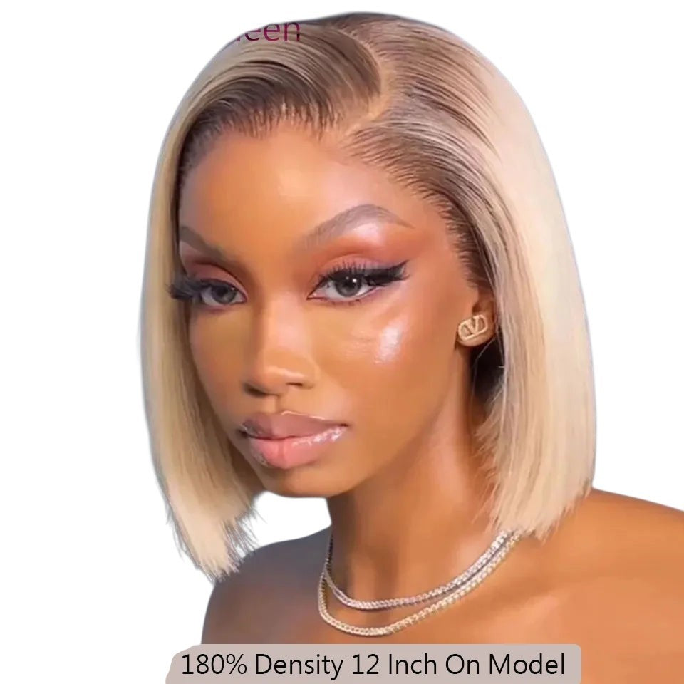 RitzWigs ombre blonde short straight bob wig with dark roots on a model, featuring a transparent lace front.