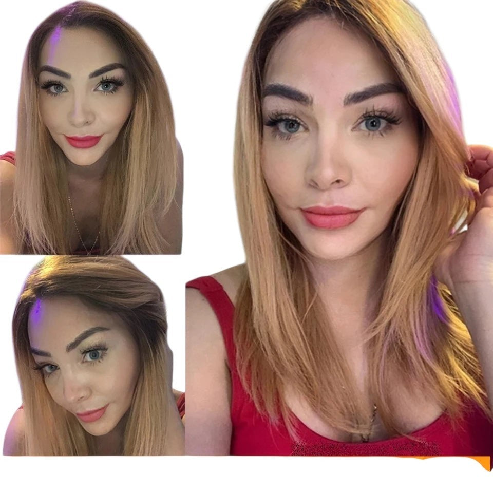 RitzWigs ombre blonde straight bob human hair lace wig worn by a woman with a side part and dark roots