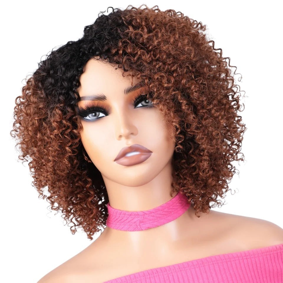 RitzWigs ombre brown and black kinky curly human hair bob wig on a mannequin head