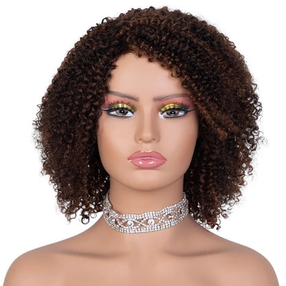 RitzWigs ombre brown kinky curly human hair bob wig with bangs on a mannequin head