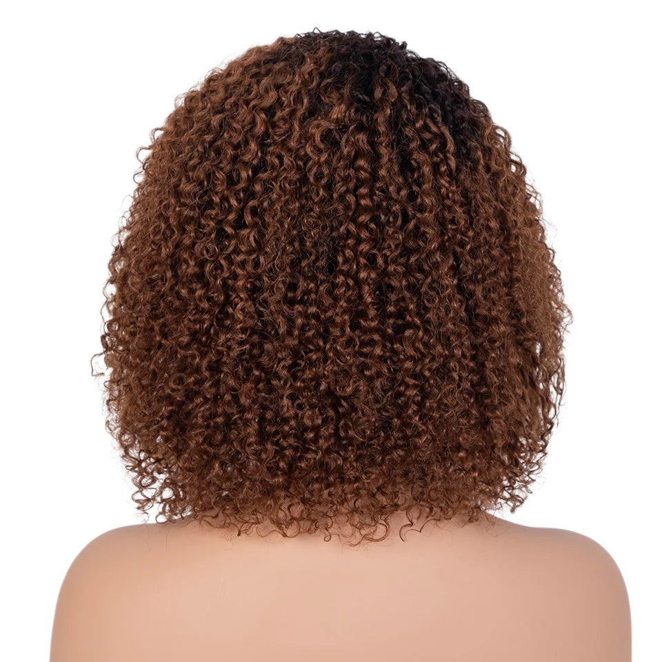 RitzWigs ombre brown kinky curly human hair bob wig with tight curls on a mannequin head