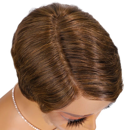 RitzWigs ombre brown pixie cut human hair lace wig with a natural side part on a mannequin head