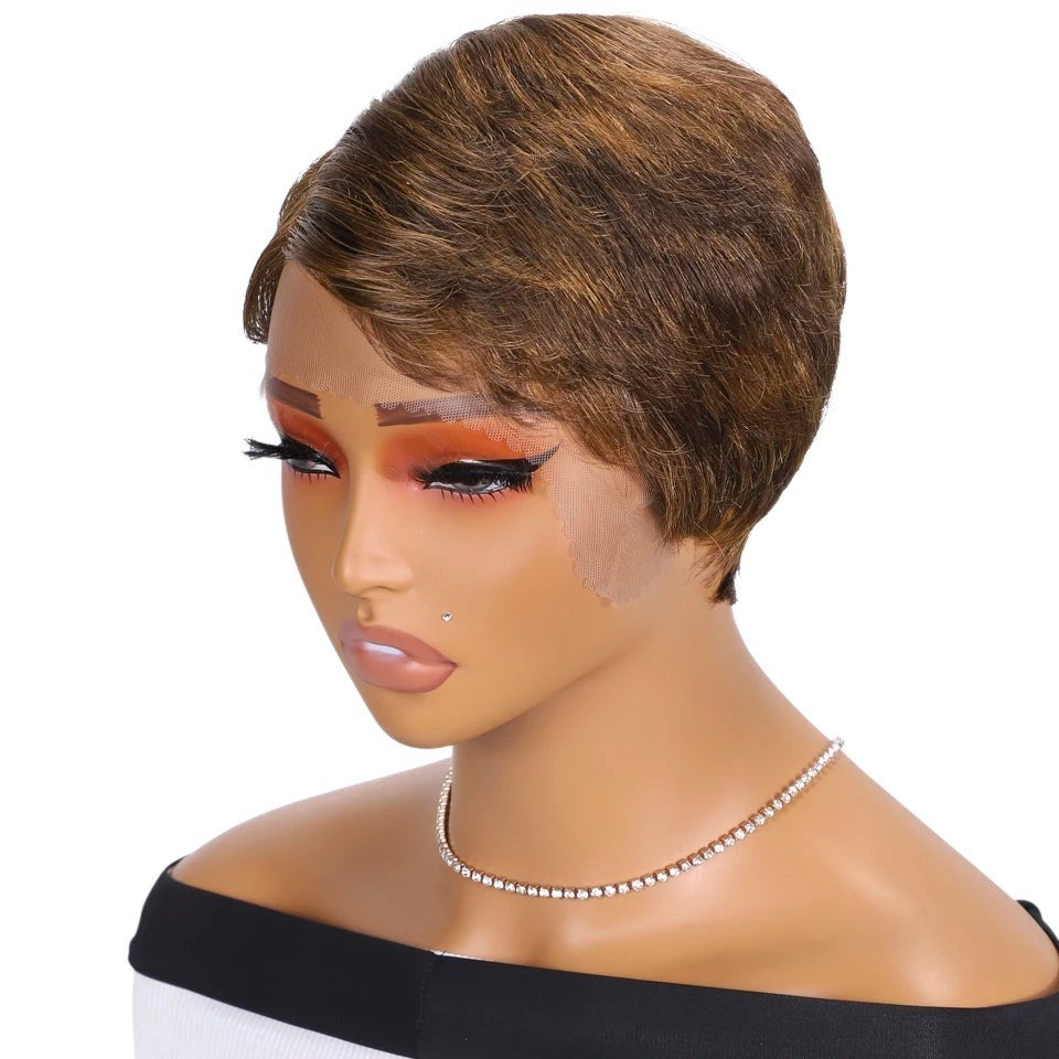 RitzWigs ombre brown pixie cut Brazilian human hair lace wig on a mannequin head with a side part