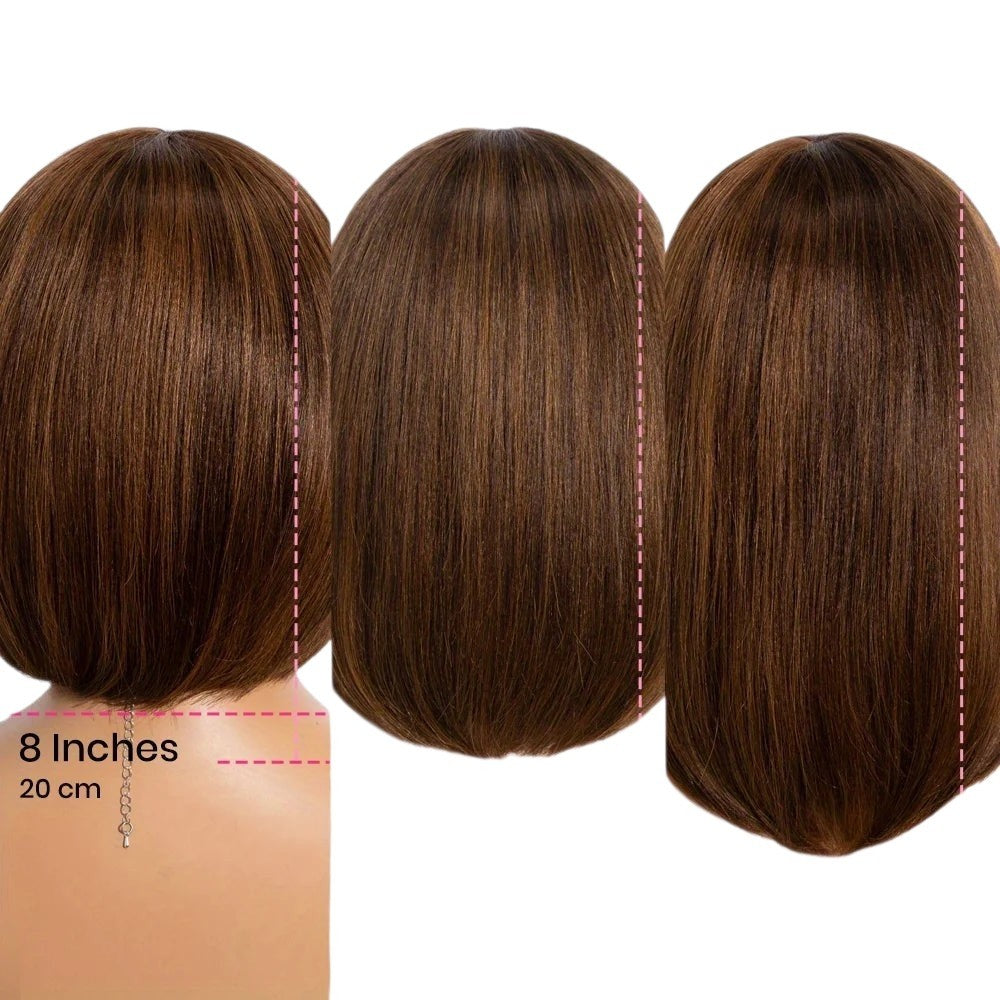 RitzWigs ombre brown straight human hair bob wigs in 8, 10, and 12 inch lengths for size comparison