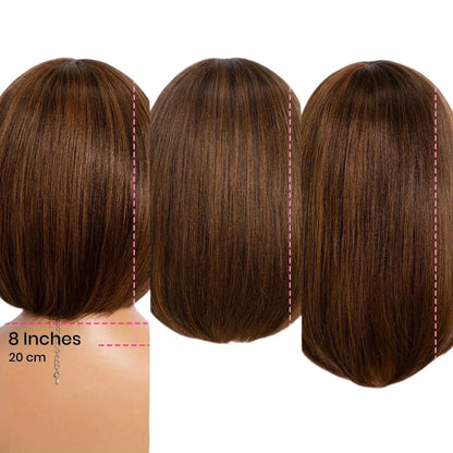 RitzWigs ombre brown straight human hair bob wigs in 8, 10, and 12 inch lengths for size comparison