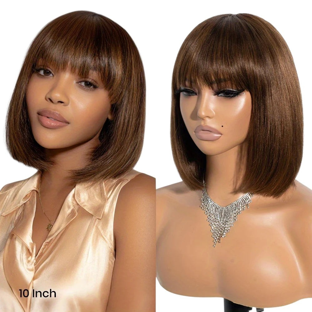 RitzWigs short ombre brown straight human hair bob wig with bangs worn by a model and displayed on a mannequin head