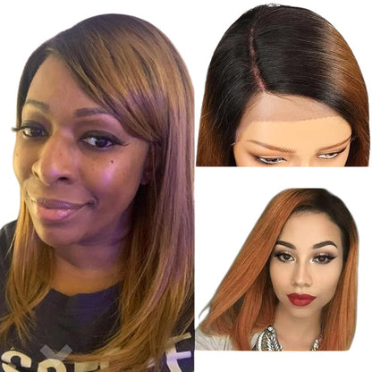 RitzWigs ombre brown straight human hair lace front wig with side part and baby hair on models