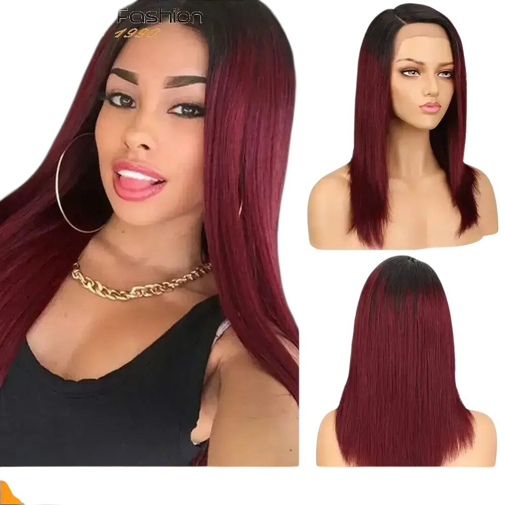 RitzWigs 16 inch ombre brown straight human hair lace wig with side part and baby hair on a mannequin