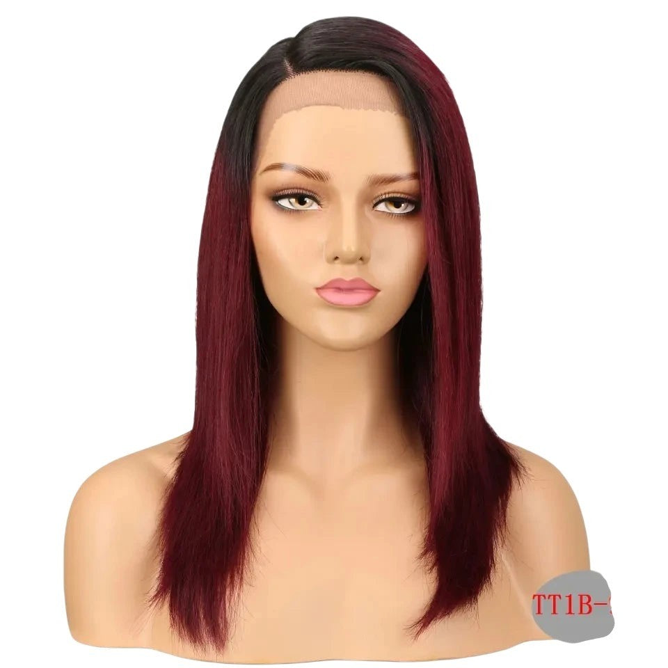 RitzWigs 16 inch straight ombre brown human hair lace wig with dark roots and baby hair on a mannequin head
