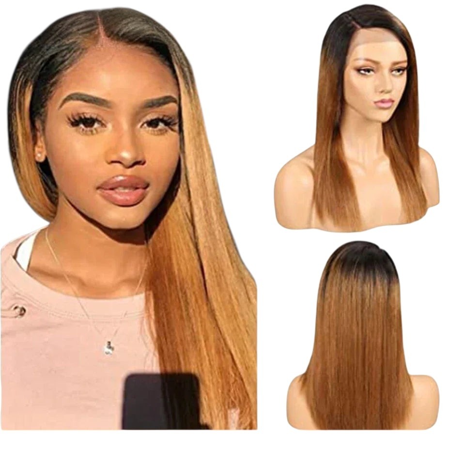 RitzWigs 16-inch straight ombre brown human hair lace wig with natural baby hair on a mannequin and model