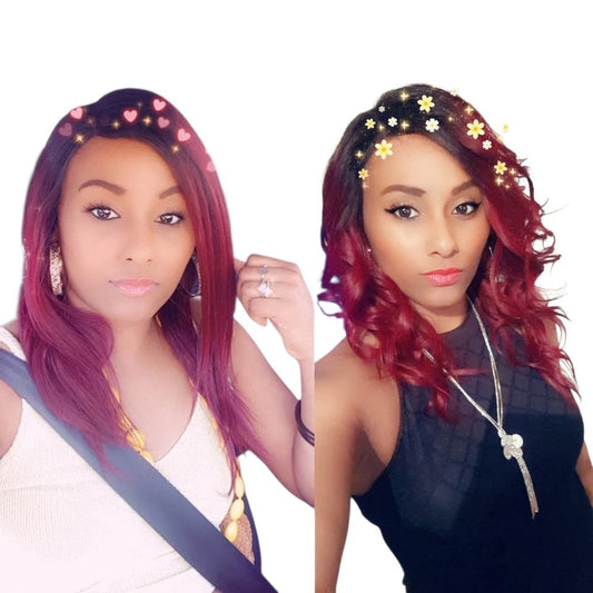 RitzWigs 16 inch ombre brown straight human hair lace wig with side part and baby hair worn by a woman